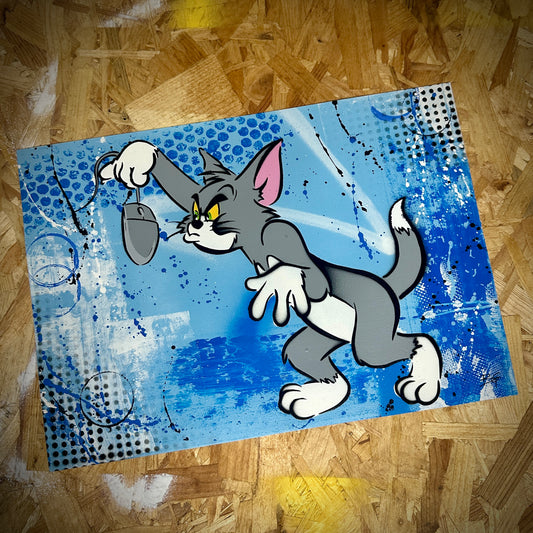 ‘Cat and mouse' Original Art in blue